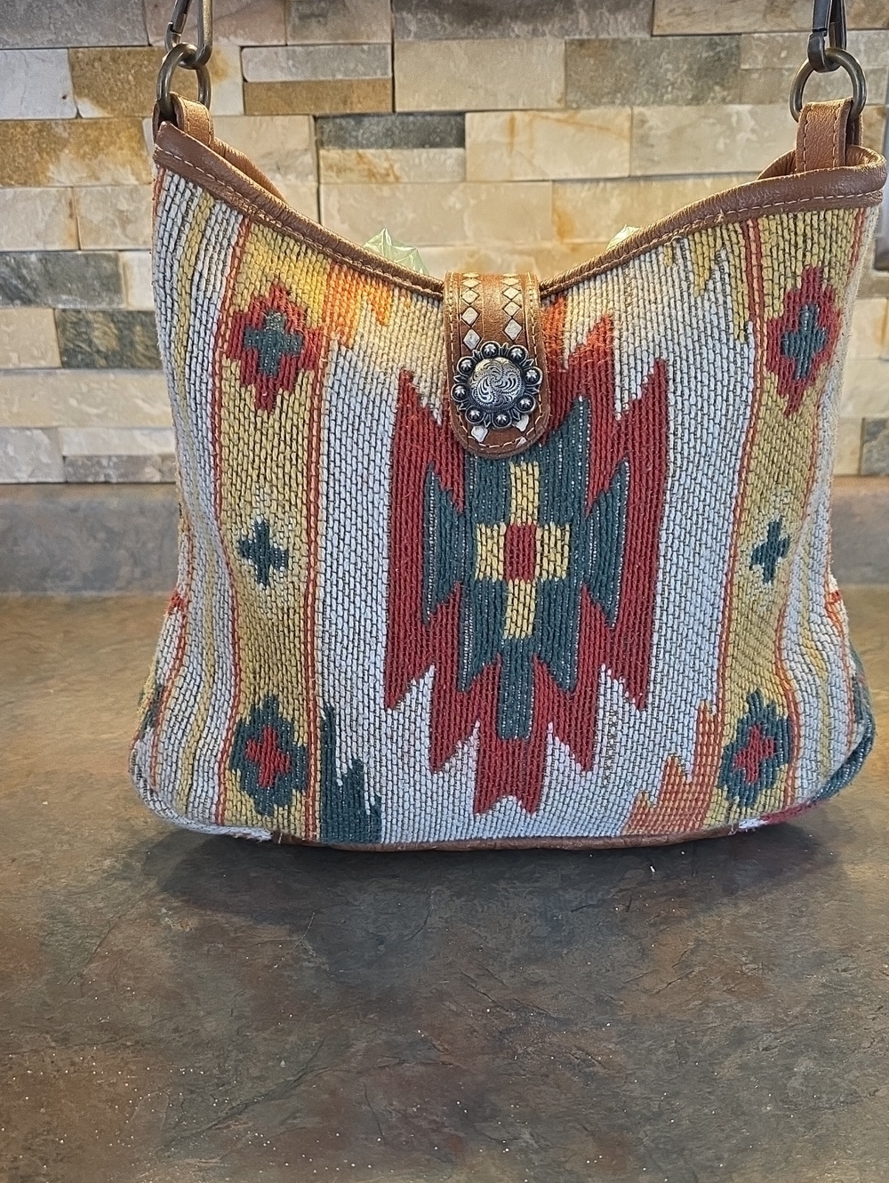 Myra Boho Southwest Tapestry Shoulder Bag in Rust, Mustard & Teal